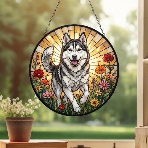 Custom Siberian Husky  Wildflowers Glass Suncatcher: Dog Mom Window Decor - image 3