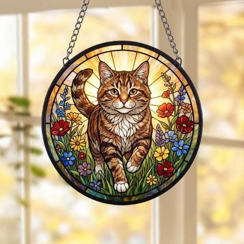 Custom Domestic Shorthair  Wildflowers Glass Suncatcher: Cat Mom Window Decor - image 4