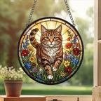 Custom Domestic Shorthair  Wildflowers Glass Suncatcher: Cat Mom Window Decor