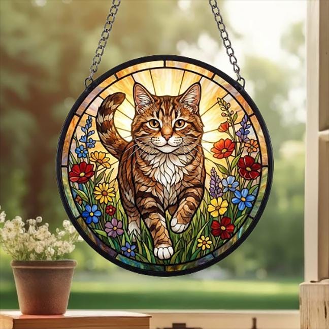 Custom Domestic Shorthair  Wildflowers Glass Suncatcher: Cat Mom Window Decor