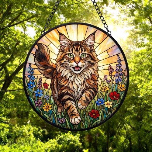 Custom Maine Coon  Wildflowers Glass Suncatcher: Cat Mom Window Decor - image 3