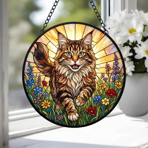 Custom Maine Coon  Wildflowers Glass Suncatcher: Cat Mom Window Decor - image 4