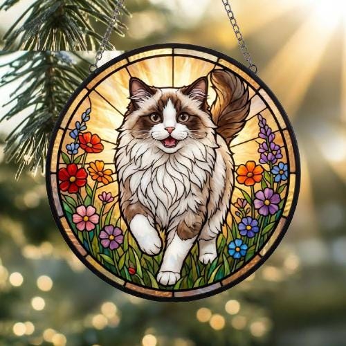 Custom Ragdoll cat   Wildflowers Glass Suncatcher: Cat Mom Window Decor - image 2