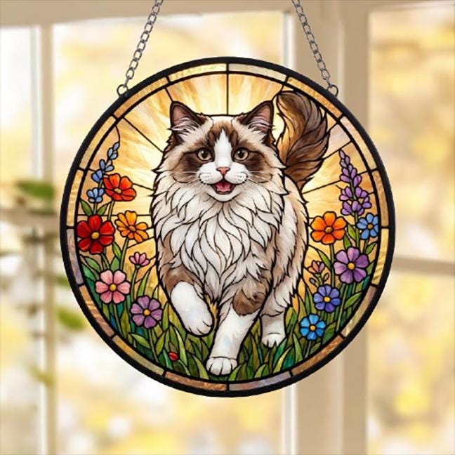 Custom Ragdoll cat   Wildflowers Glass Suncatcher: Cat Mom Window Decor