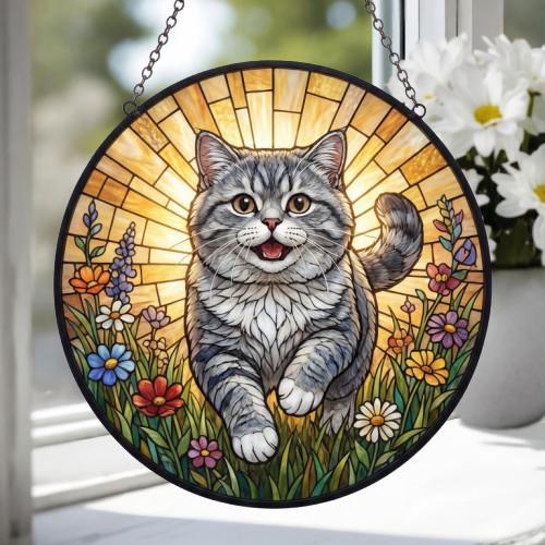 Custom British Shorthair cat   Wildflowers Glass Suncatcher: Cat Mom Window Decor - image 3