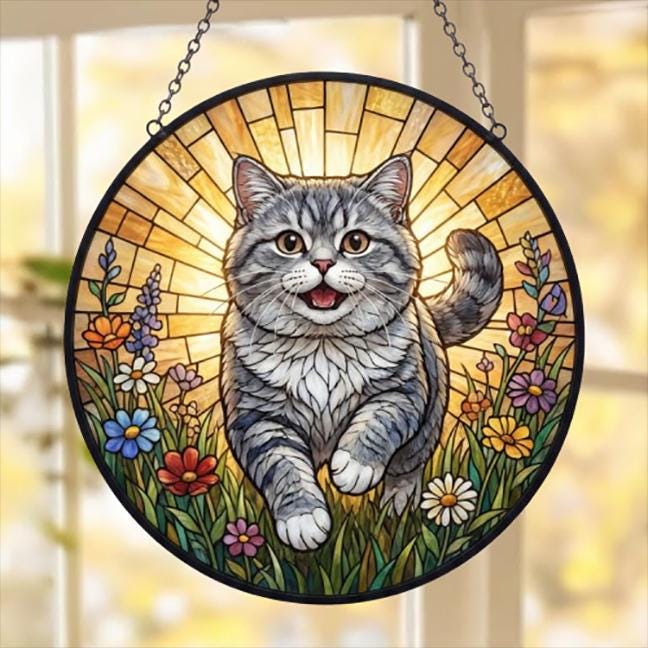 Custom British Shorthair cat   Wildflowers Glass Suncatcher: Cat Mom Window Decor