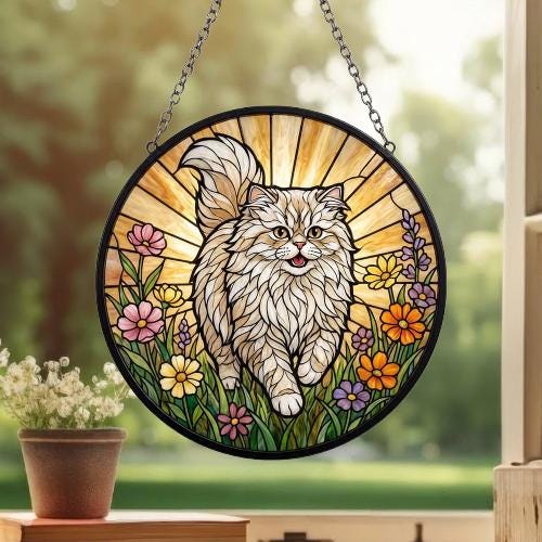 Custom Persian  cat   Wildflowers Glass Suncatcher: Cat Mom Window Decor - image 3