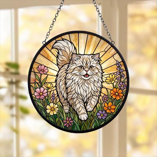 Custom Persian  cat   Wildflowers Glass Suncatcher: Cat Mom Window Decor