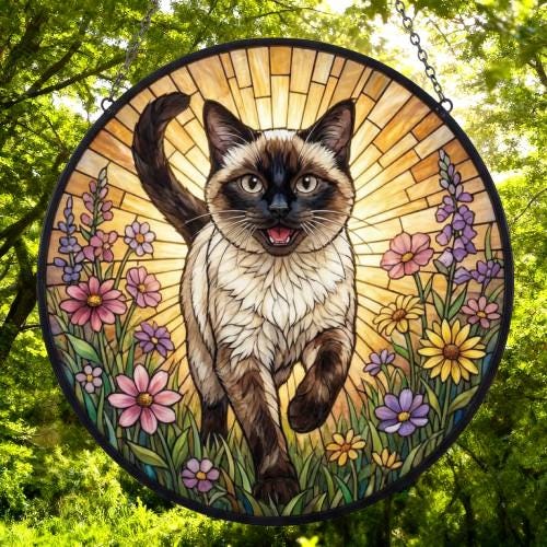 Custom Siamese cat  Wildflowers Glass Suncatcher: Cat Mom Window Decor - image 4