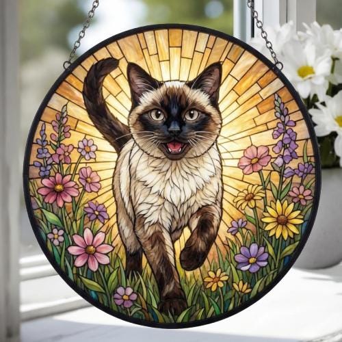 Custom Siamese cat  Wildflowers Glass Suncatcher: Cat Mom Window Decor - image 3