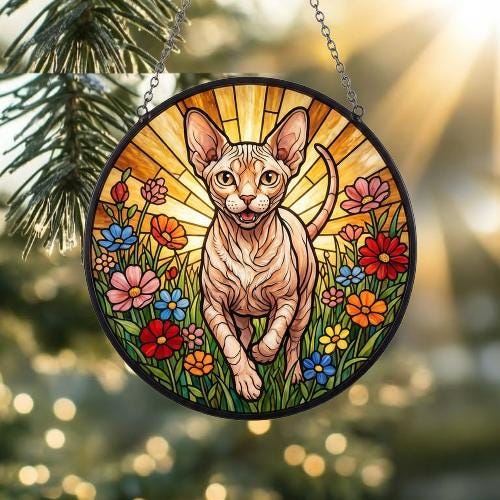 Custom Sphynx cat  Wildflowers Glass Suncatcher: Cat Mom Window Decor - image 3