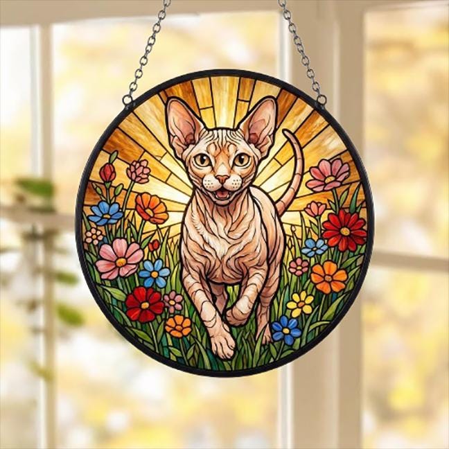 Custom Sphynx cat  Wildflowers Glass Suncatcher: Cat Mom Window Decor