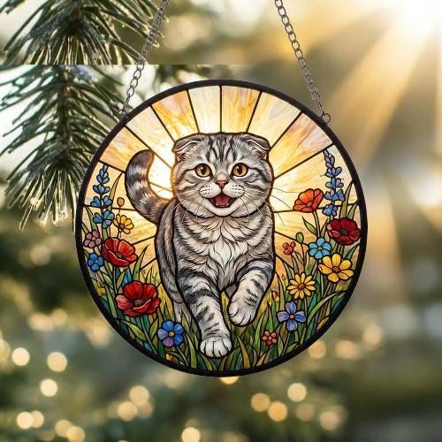 Custom Scottish Fold  cat  Wildflowers Glass Suncatcher: Cat Mom Window Decor - image 2
