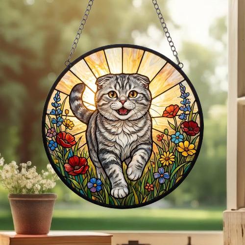 Custom Scottish Fold  cat  Wildflowers Glass Suncatcher: Cat Mom Window Decor - image 3