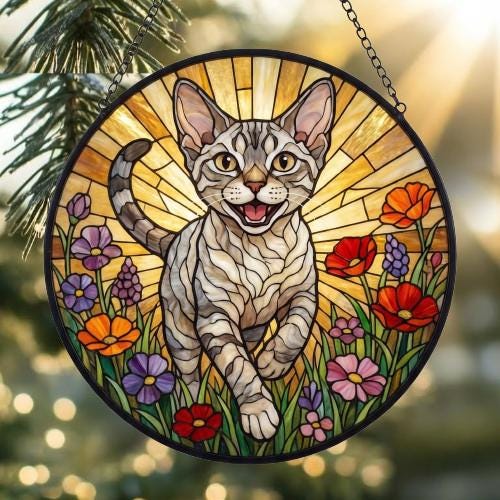 Custom Devon Rex cat  Wildflowers Glass Suncatcher: Cat Mom Window Decor - image 2