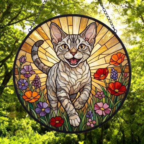 Custom Devon Rex cat  Wildflowers Glass Suncatcher: Cat Mom Window Decor - image 5