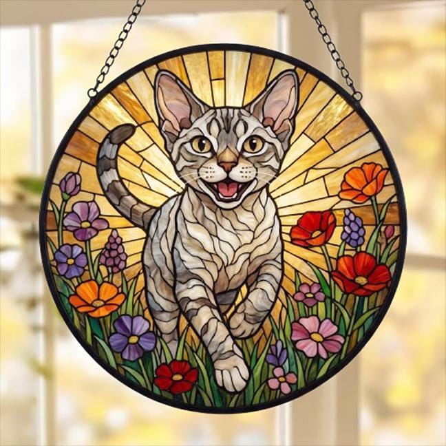 Custom Devon Rex cat  Wildflowers Glass Suncatcher: Cat Mom Window Decor