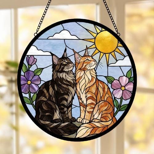 Custom Maine Coon Cat Couple Stained Glass Suncatcher, Cat Glass Window Hanging Art, Pet Keepsake Glass Sun Catcher,Memorial Gifts for - image 2