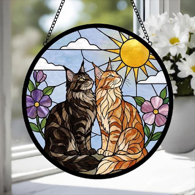 Custom Maine Coon Cat Couple Stained Glass Suncatcher, Cat Glass Window Hanging Art, Pet Keepsake Glass Sun Catcher,Memorial Gifts for