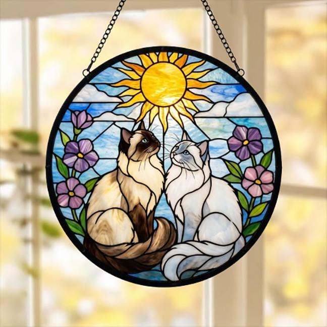 Custom Ragdoll  Cat Couple Stained Glass Suncatcher, Cat Glass Window Hanging Art, Pet Keepsake Glass Sun Catcher,Memorial Gifts