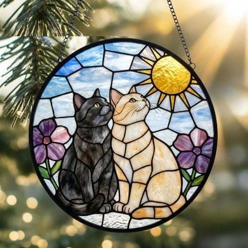 Custom British Shorthair Couple Stained Glass Suncatcher, Cat Glass Window Hanging Art, Pet Keepsake Glass Sun Catcher, Gifts for Cat Lover - image 2