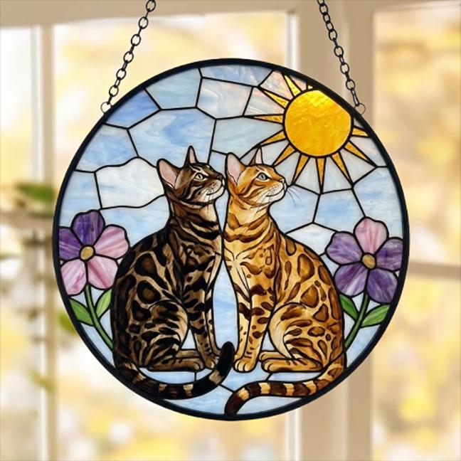 Custom Bengal cat  Couple Stained Glass Suncatcher, Cat Glass Window Hanging Art, Pet Keepsake Glass Sun Catcher, Memorial Gifts