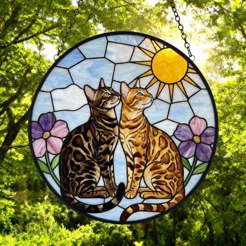 Custom Bengal cat  Couple Stained Glass Suncatcher, Cat Glass Window Hanging Art, Pet Keepsake Glass Sun Catcher, Memorial Gifts - image 5