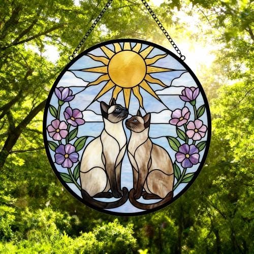 Custom Siamese cat  Couple Stained Glass Suncatcher, Cat Glass Window Hanging Art, Pet Keepsake Glass Sun Catcher,Memorial Gifts - image 4