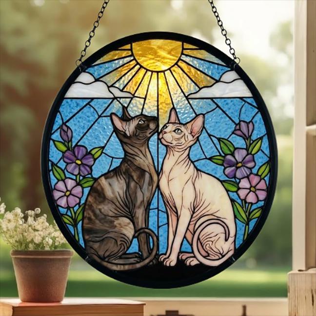Custom Sphynx cat  Couple Stained Glass Suncatcher, Cat Glass Window Hanging Art, Pet Keepsake Glass Sun Catcher,Memorial Gifts