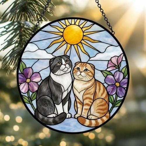 Custom Scottish Fold cat Couple Stained Glass Suncatcher, Cat Glass Window Hanging Art, Pet Keepsake Glass Sun Catcher, Memorial Gifts - image 2