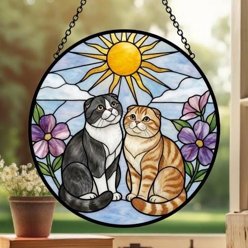 Custom Scottish Fold cat Couple Stained Glass Suncatcher, Cat Glass Window Hanging Art, Pet Keepsake Glass Sun Catcher, Memorial Gifts - image 3