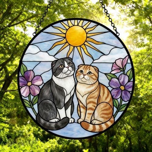 Custom Scottish Fold cat Couple Stained Glass Suncatcher, Cat Glass Window Hanging Art, Pet Keepsake Glass Sun Catcher, Memorial Gifts - image 5