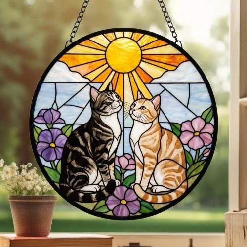 Custom American ShorthairCouple Stained Glass Suncatcher, Cat Glass Window Hanging Art, Pet Keepsake Glass Sun Catcher,Memorial Gifts - image 3