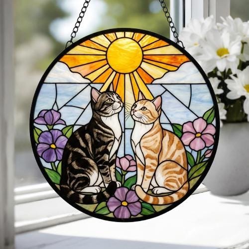 Custom American ShorthairCouple Stained Glass Suncatcher, Cat Glass Window Hanging Art, Pet Keepsake Glass Sun Catcher,Memorial Gifts - image 4