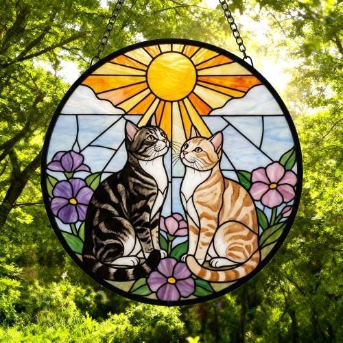 Custom American ShorthairCouple Stained Glass Suncatcher, Cat Glass Window Hanging Art, Pet Keepsake Glass Sun Catcher,Memorial Gifts - image 5
