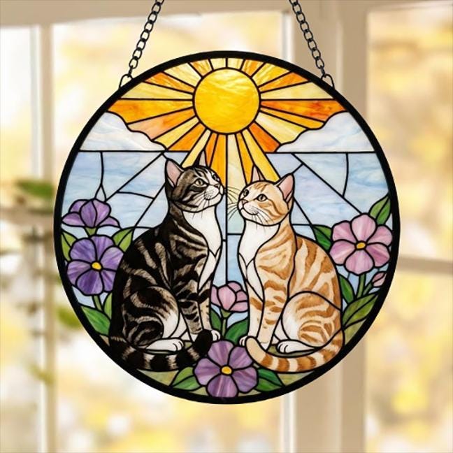 Custom American ShorthairCouple Stained Glass Suncatcher, Cat Glass Window Hanging Art, Pet Keepsake Glass Sun Catcher,Memorial Gifts