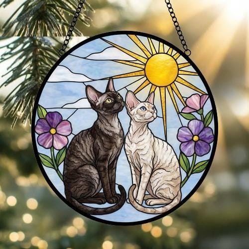 Custom Devon Rex cat Couple Stained Glass Suncatcher, Cat Glass Window Hanging Art, Pet Keepsake Glass Sun Catcher, Memorial Gifts - image 2