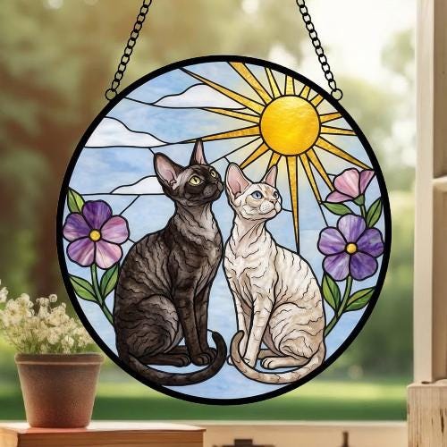 Custom Devon Rex cat Couple Stained Glass Suncatcher, Cat Glass Window Hanging Art, Pet Keepsake Glass Sun Catcher, Memorial Gifts - image 3