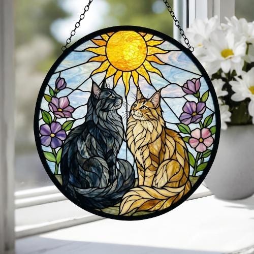 Custom Norwegian Forest Couple Stained Glass Suncatcher,Cat Glass Window Hanging Art, Pet Keepsake Glass Sun Catcher,Memorial Gifts - image 3