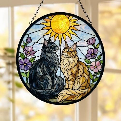 Custom Norwegian Forest Couple Stained Glass Suncatcher,Cat Glass Window Hanging Art, Pet Keepsake Glass Sun Catcher,Memorial Gifts - image 5