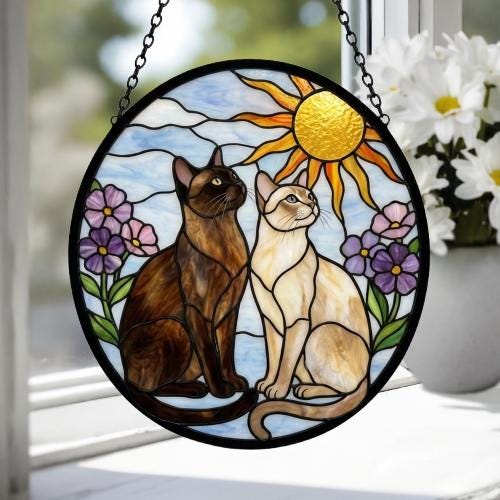 Custom Burmese cat  Couple Stained Glass Suncatcher, Cat Glass Window Hanging Art, Pet Keepsake Glass Sun Catcher,Memorial Gifts - image 3