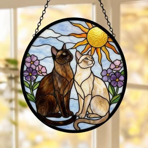 Custom Burmese cat  Couple Stained Glass Suncatcher, Cat Glass Window Hanging Art, Pet Keepsake Glass Sun Catcher,Memorial Gifts - image 5