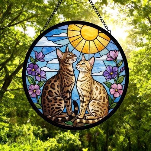 Custom Savannah cat  Couple Stained Glass Suncatcher, Cat Glass Window Hanging Art, Pet Keepsake Glass Sun Catcher,Memorial Gifts for - image 5