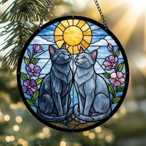 Custom Russian Blue cat  Couple Stained Glass Suncatcher, Cat Glass Window Hanging Art, Pet Keepsake Glass Sun Catcher,Memorial Gifts - image 2