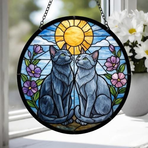 Custom Russian Blue cat  Couple Stained Glass Suncatcher, Cat Glass Window Hanging Art, Pet Keepsake Glass Sun Catcher,Memorial Gifts - image 3
