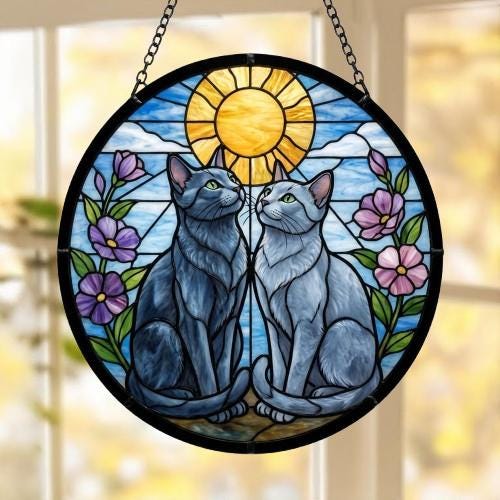 Custom Russian Blue cat  Couple Stained Glass Suncatcher, Cat Glass Window Hanging Art, Pet Keepsake Glass Sun Catcher,Memorial Gifts - image 5