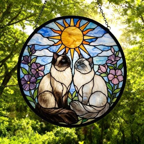 Custom Birman Cat Couple Stained Glass Suncatcher, Cat Glass Window Hanging Art, Pet Keepsake Glass Sun Catcher,Memorial Gifts for Cat Lover - image 5