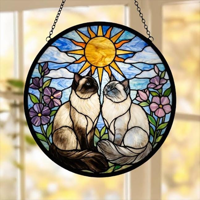 Custom Birman Cat Couple Stained Glass Suncatcher, Cat Glass Window Hanging Art, Pet Keepsake Glass Sun Catcher,Memorial Gifts for Cat Lover