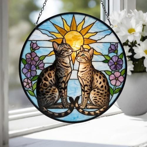Custom Egyptian Mau cat  Couple Stained Glass Suncatcher, Cat Glass Window Hanging Art, Pet Keepsake Glass Sun Catcher,Memorial Gifts for - image 3
