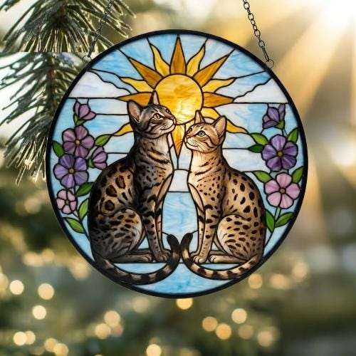 Custom Egyptian Mau cat  Couple Stained Glass Suncatcher, Cat Glass Window Hanging Art, Pet Keepsake Glass Sun Catcher,Memorial Gifts for - image 2